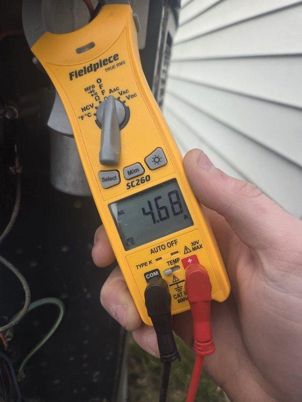 Completed routine cooling system maintenance visit on residential HVAC unit. Performed comprehensive system inspection, tested electrical components and capacitor readings using digital multimeter showing 468 microfarads, verified proper airflow at ductwork and insulation points, and confirmed all cooling operations within manufacturer specifications.