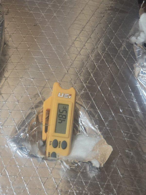 Completed routine cooling system preventive maintenance visit. Performed system diagnostics using calibrated digital instrumentation, recording temperature differential of 48.5°F across the evaporator coil and static pressure reading of 0.535" WC at the filter/return air section. Inspected insulated ductwork, filter mesh assembly, and fibrous insulation materials for proper condition and airflow integrity. System operating within normal parameters with no deficiencies noted requiring immediate attention.