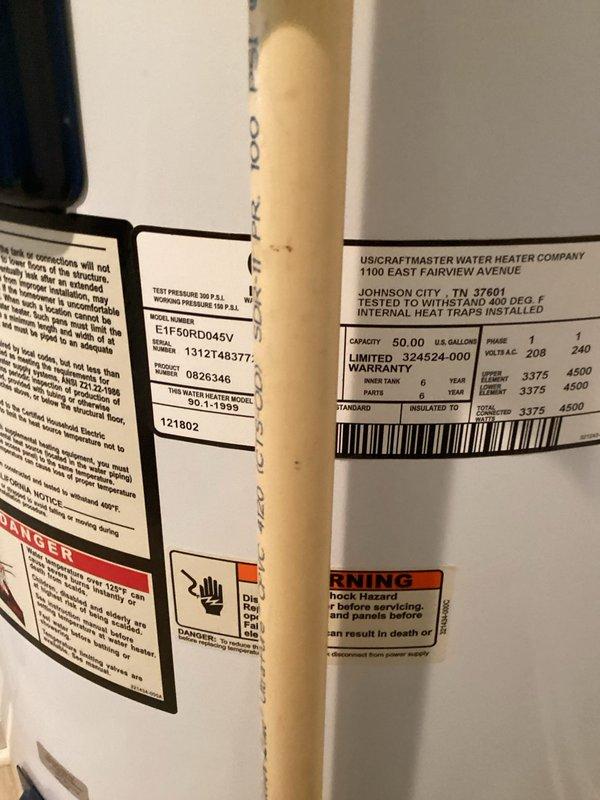Provided estimate for water heater replacement. Assessed existing installation consisting of two water heaters with specifications documented, including a 40-gallon and 50-gallon unit manufactured by US/Craftmaster. Photographed current configuration showing plumbing connections, copper supply lines with flexible connectors, expansion tank, and electrical access panels for replacement planning and customer approval.