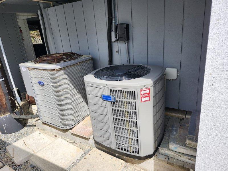 Completed full HVAC system upgrade, converting existing straight AC system to heat pump configuration. Removed and disposed of old equipment, then installed American Standard 5A6H4024A1000A 2-ton 14 SEER heat pump outdoor unit, American Standard 5TEM4B03AC31 air handler, American Standard BAYHTR1510 10 kW electric heat pack, and American Standard BAYSF1185 18.5" filter rack. Fabricated and installed metal duct transitions to adapt new equipment to existing ductwork. Replaced outdoor disconnect and electrical whip while reusing existing electrical connections, condensation lines, and power lines. Positioned outdoor unit on existing concrete pad. Reused existing thermostat previously installed by our company. System tested and verified operational with one-year platinum warranty coverage from installation date.