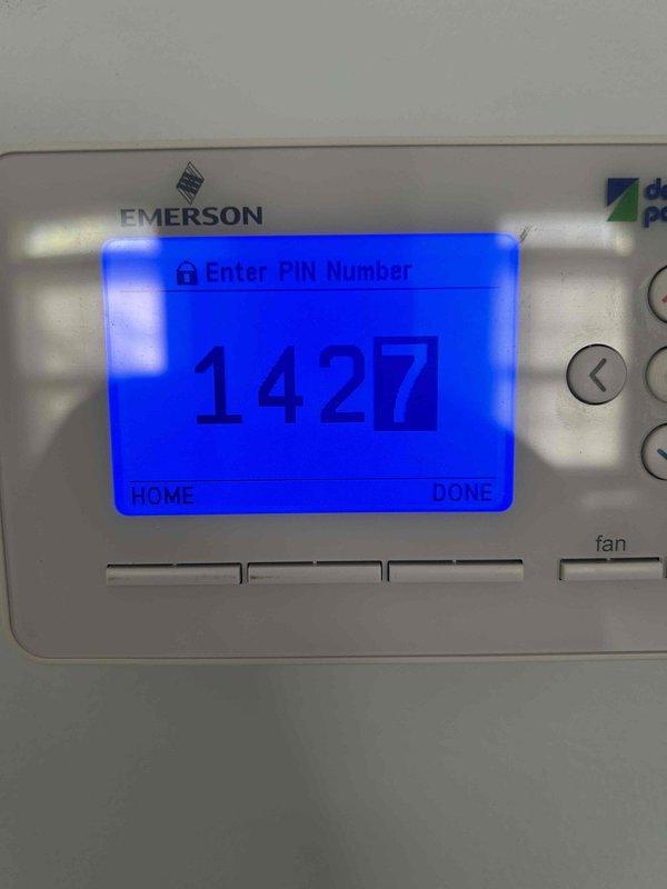 Performed routine spring maintenance on residential cooling system. Accessed unit using office key as requested. Inspected and documented dirty air filter showing moderate dust accumulation, particularly in lower section, requiring replacement for optimal airflow and system efficiency. Verified Emerson programmable thermostat operation and PIN-protected settings functioning properly. System operating normally at time of service with no immediate concerns identified.