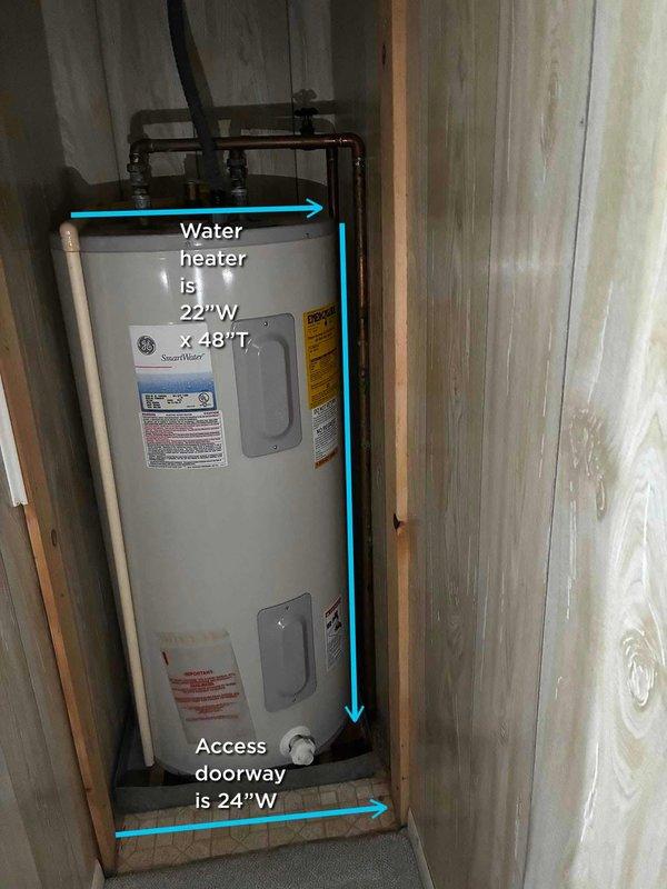 Provided estimate for replacement of existing 50-gallon GE SmartWater electric water heater with new 4500-watt unit measuring approximately 4 feet tall. Assessed installation location within confined wooden utility closet with 24-inch access doorway and confirmed dimensions of existing 22-inch wide by 48-inch tall water heater to ensure proper replacement unit sizing and clearance requirements for removal and installation.
