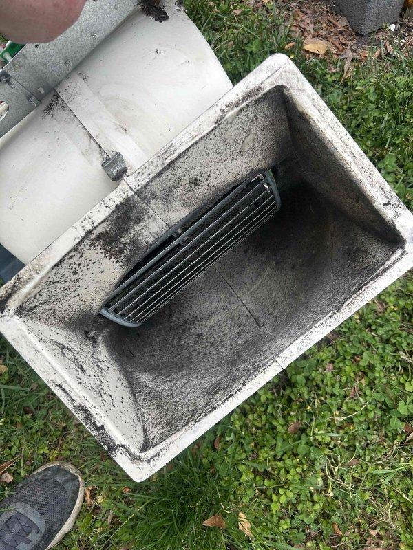 Completed scheduled cooling maintenance visit on two HVAC systems. Performed thorough inspection and cleaning of air intake ductwork, which showed significant accumulation of dust, dirt, and debris in the transition elbow and ventilation grille. Removed and cleaned duct components to restore proper airflow. Inspected outdoor condensing unit, including heat exchanger coils and protective housing. Verified system operation and confirmed both units are functioning properly for the cooling season.