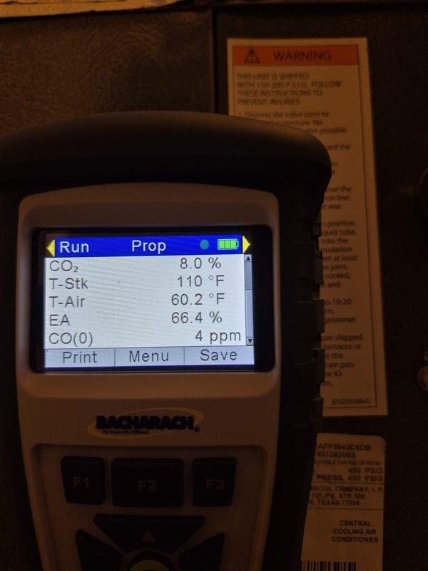 Performed comprehensive tune-up and safety inspection on residential heating system. Conducted combustion analysis using diagnostic equipment, confirming CO2 levels at 8.0%, stack temperature at 110°F, and safe CO readings at 4 ppm. Measured electrical parameters with clamp meter, recording amp draw and verified proper system operation across all components.