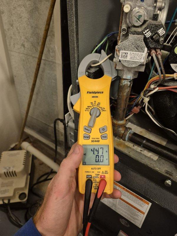 Performed comprehensive tune-up and safety inspection on residential heating system. Conducted combustion analysis using diagnostic equipment, confirming CO2 levels at 8.0%, stack temperature at 110°F, and safe CO readings at 4 ppm. Measured electrical parameters with clamp meter, recording amp draw and verified proper system operation across all components.