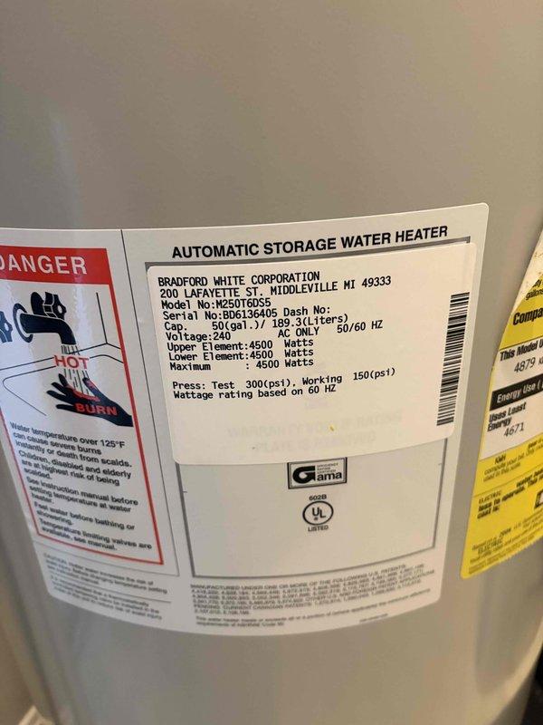 Responded to service call for system inspection after customer replaced thermostat on recently purchased property. Upon arrival, discovered customer concern was related to water heater, not HVAC system. Inspected Bradford White automatic storage water heater model M250R6DS (50-gallon capacity, 240V, dual 4500-watt elements) located in utility closet. Verified unit operational status, confirmed proper electrical connections, checked temperature/pressure relief valve, and inspected plumbing connections including copper flex lines and PVC piping with shut-off valve. Documented equipment with photos for service records. No HVAC system inspection performed as originally requested equipment was not present at service location.