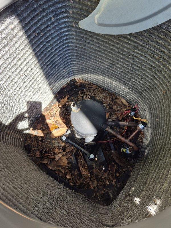 Completed scheduled maintenance on two heating systems. Performed comprehensive system diagnostics and operational testing using digital multimeter to verify electrical parameters and system performance. Both units showed readings within normal operating ranges. Inspected condensing unit and identified significant accumulation of organic debris, leaves, and dirt around compressor housing and internal components. Cleaned debris from unit interior to restore proper airflow and prevent potential operational issues. Verified all electrical connections secure and functioning properly. Both systems operating normally upon completion of maintenance service.