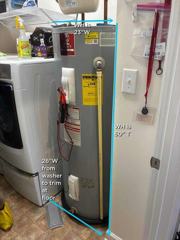 Completed routine maintenance visit on residential tanked water heater. Performed comprehensive inspection of unit, including pressure relief valve, temperature settings, and all plumbing connections. Verified proper clearances around unit (23" width, 60" height), confirmed adequate spacing from adjacent washing machine, and documented all safety labels and energy guide information present and legible. All components operating within normal parameters with no leaks detected at connections or tank body.