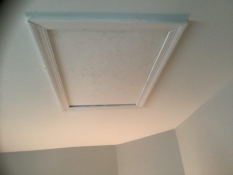 Conducted estimate for replacement of 12-year-old Trane HVAC system with equipment located in attic requiring ladder access. Evaluated existing outdoor condenser unit on concrete pad and documented attic access point through ceiling hatch for complete system replacement assessment.