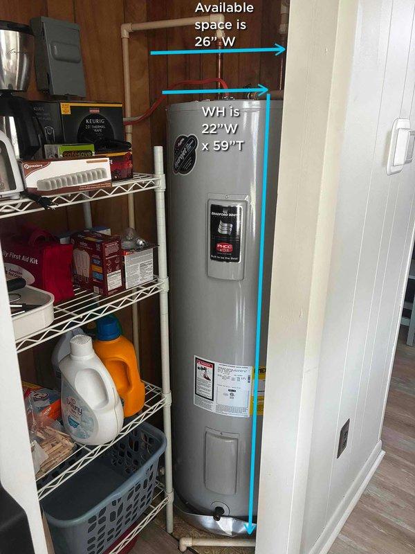 Responded to service call for electric water heater experiencing intermittent power loss requiring frequent manual reset of high-temperature limit switch. Upon inspection, determined water heater unit was not receiving consistent electrical power. Traced electrical supply and identified issue with utility company load management control box interrupting power delivery to the water heater. Verified water heater specifications showing 22-inch width unit installed in 26-inch available space. Documented installation with measurements and photographs. Contacted property owner to report findings and recommended coordination with electric utility provider to service or replace faulty load management box before proceeding with further water heater diagnostics or repairs.