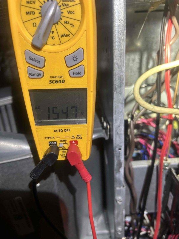 Completed scheduled cooling maintenance visit on residential HVAC system. Performed comprehensive electrical diagnostics using digital multimeter, recording voltage readings of 120.8V and 154.7V at various system components to verify proper electrical supply and operation. Inspected wiring connections, tested system performance parameters, and confirmed all cooling equipment operating within normal specifications.