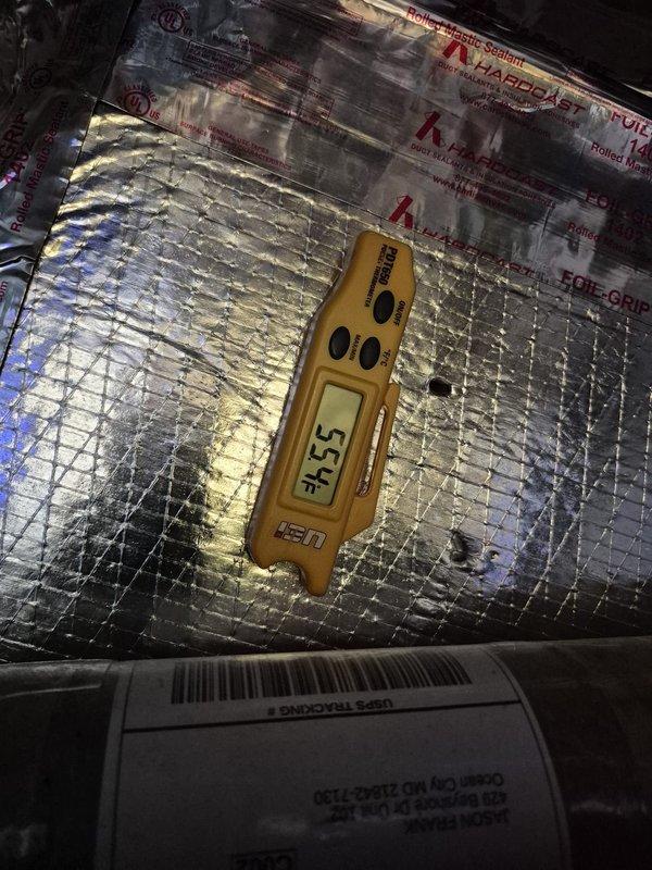 Performed routine HVAC maintenance and cooling system inspection. Measured supply air temperature at 53.4°F and recorded electrical readings of 568V and 71A using clamp meter to verify proper system operation. All parameters within normal operating range, unit functioning as designed.