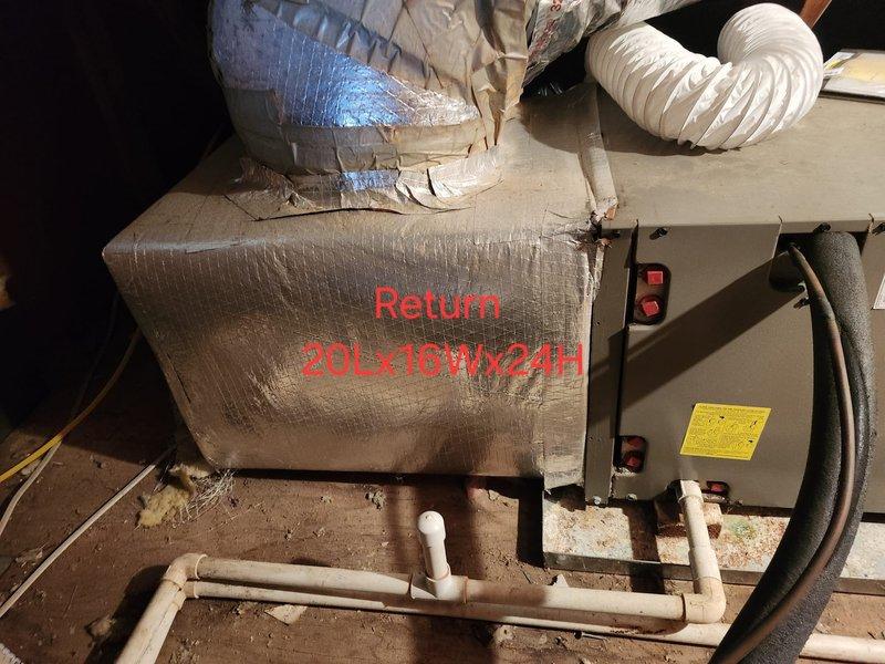 # HVAC Service Call - No Cool Condition

Responded to a no cooling complaint on an air handler system located in attic space. Upon arrival, performed visual inspection of the air handling unit and associated ductwork components. Unit dimensions measured at 22"L x 17.5"W x 8"H with return plenum specifications of 20"L x 10"W x 24"H.

Conducted comprehensive system evaluation including inspection of electrical connections, refrigerant line sets, condensate drainage system, and ductwork integrity. Observed flexible duct connections at supply and return plenums. Verified proper positioning of unit on wooden support platform. Examined manufacturer labels and specification plates for unit identification and operational parameters.

Documented existing conditions of installation including reflective insulation wrap, refrigerant line routing, electrical wiring terminations with wire nuts, and overall equipment accessibility. Photographed unit configuration and surrounding infrastructure for se