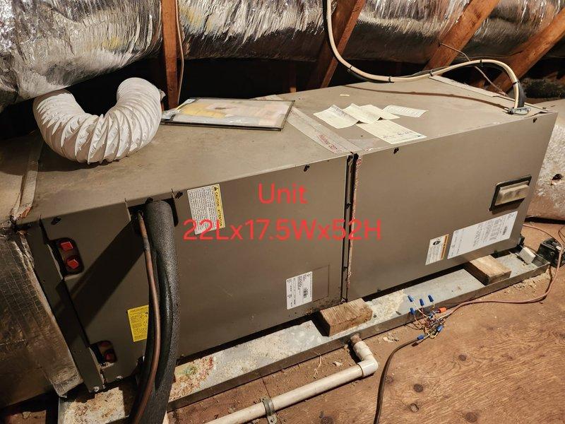 # HVAC Service Call - No Cool Condition

Responded to a no cooling complaint on an air handler system located in attic space. Upon arrival, performed visual inspection of the air handling unit and associated ductwork components. Unit dimensions measured at 22"L x 17.5"W x 8"H with return plenum specifications of 20"L x 10"W x 24"H.

Conducted comprehensive system evaluation including inspection of electrical connections, refrigerant line sets, condensate drainage system, and ductwork integrity. Observed flexible duct connections at supply and return plenums. Verified proper positioning of unit on wooden support platform. Examined manufacturer labels and specification plates for unit identification and operational parameters.

Documented existing conditions of installation including reflective insulation wrap, refrigerant line routing, electrical wiring terminations with wire nuts, and overall equipment accessibility. Photographed unit configuration and surrounding infrastructure for se