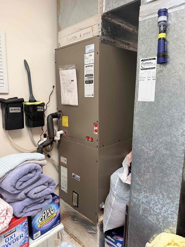 Conducted scheduled appointment to finalize HVAC system replacement proposal with property owners. Documented existing equipment configuration including air handler unit located in mechanical room and Honeywell digital thermostat displaying 81°F. Reviewed replacement specifications with owners and obtained signed approval on proposal to proceed with new system installation. Prepared site assessment and photographic documentation of current equipment placement, ductwork connections, electrical controls, and thermostat location for pre-installation planning purposes.