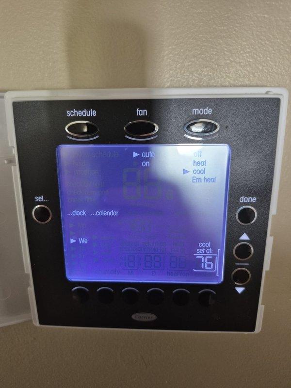 Performed routine cooling system maintenance and inspection on Carrier HVAC unit. Verified thermostat operation and confirmed system responding properly to temperature setpoints, with unit cycling correctly between cooling modes. All components functioning within normal parameters at time of service.