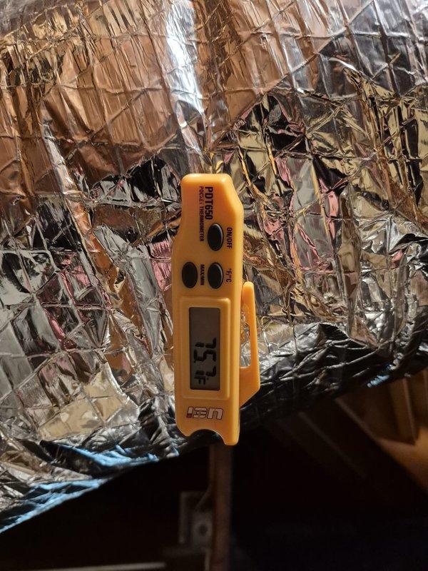 Completed preventive maintenance on two cooling systems. Verified thermostat operation showing 76°F setpoint with system in cooling mode and fan set to auto. Measured supply air temperature at 73.3°F at ductwork, confirming proper cooling output and system performance within normal operating parameters.