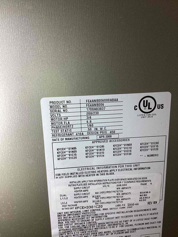 Responded to no cooling call on Bryant FE4ANB006 air handler system. Upon arrival, thermostat displayed "SYSTEM MALFUNCTION CALL TECHNICIAN" error message. System was turned off per customer request. Documented unit nameplate information showing 208/230V, 1-phase, R-410A refrigerant system. Customer advised of diagnostic fee and declined service at this time.