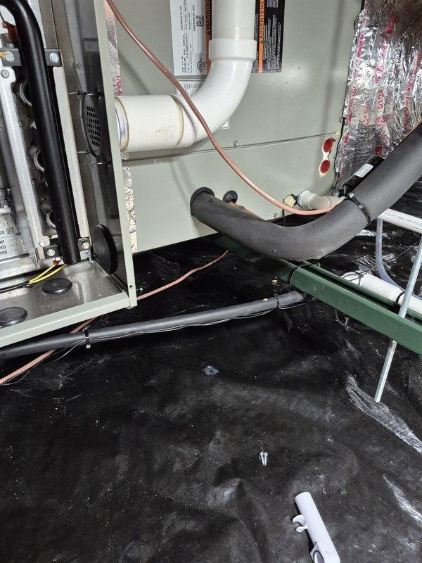 Responded to service call regarding HVAC system with inadequate coil support that was causing potential leakage issues. Upon arrival, customer reported no leaking had occurred in the previous four days and requested to postpone the structural repair work. Re-installed water sensor that had been previously removed during diagnostic assessment and ensured proper functionality of leak detection system before departure.