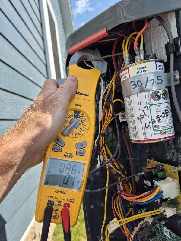 Completed platinum membership maintenance service on single HVAC unit. Performed comprehensive system inspection including electrical component testing using digital multimeter to verify proper voltage and amperage readings at capacitor (200 MFD) and control board connections. All electrical connections tested within normal operating parameters. Verified thermostat operation and programming on Honeywell programmable unit, confirming accurate temperature readings and system mode functionality. System currently operating in cooling mode with proper temperature control and humidity levels. All components functioning as designed with no deficiencies noted during inspection.