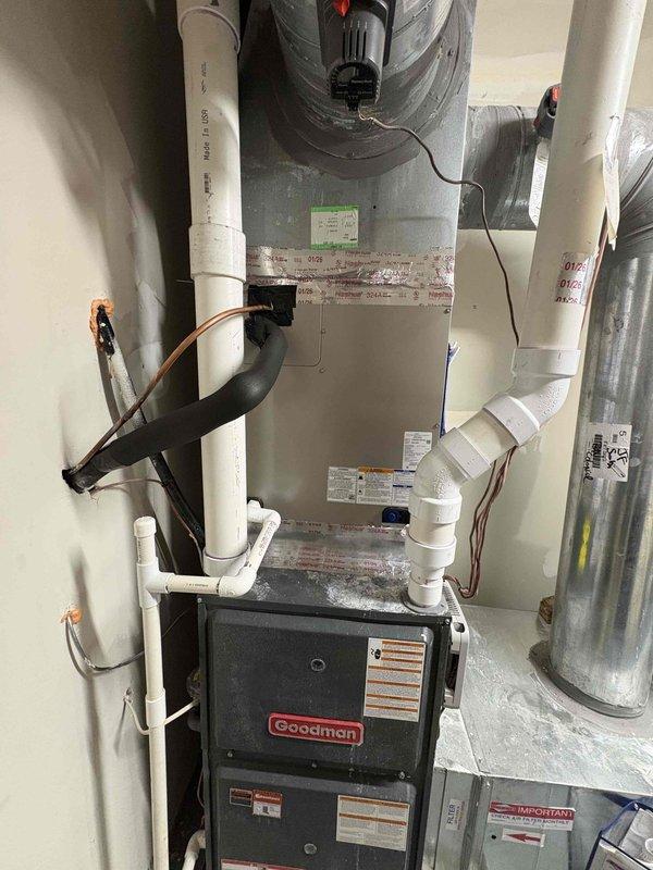 Diagnosed refrigerant leak on out-of-warranty system using UV dye trace, identifying leak in non-repairable section of evaporator coil. Quoted evaporator coil replacement with Carrier model CVWMA4821 to replace existing Aspen coil, including filter drier, 3-inch PVC coupling, 2-inch PVC coupling, and fabrication of 20x20x4 ductwork transition piece. Original Aspen coil unavailable due to manufacturer discontinuation and minimum order requirements; sourced compatible Carrier replacement unit for system compatibility with existing Goodman equipment.