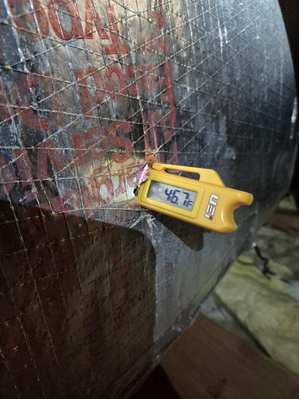 Performed routine cooling maintenance visit on residential HVAC system. Conducted electrical diagnostics using digital multimeter, recording voltage and amperage readings at the outdoor condenser unit to verify proper compressor and fan motor operation. Measured supply air temperature at ductwork register, confirming 46.1°F output and adequate cooling performance. Inspected all electrical connections, capacitor condition, and wiring integrity within the condensing unit. System operating within normal parameters with no deficiencies noted.