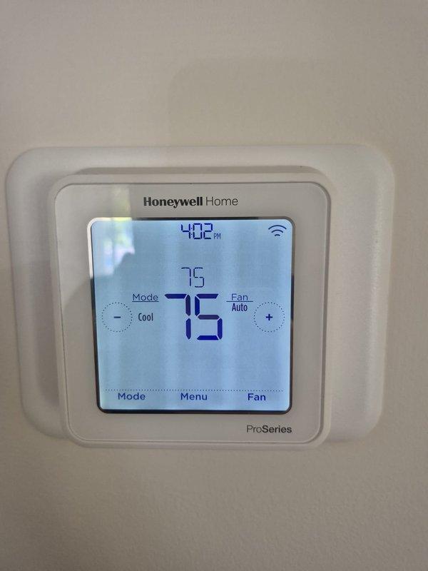 Performed preventive maintenance cooling system inspection. Verified electrical connections and amperage draws at control panel, confirming proper operation within manufacturer specifications. Tested and confirmed thermostat functionality with system responding correctly to cooling calls in automatic fan mode.