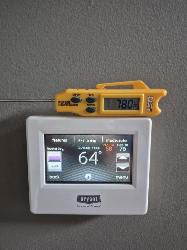 Responded to service call for system experiencing thermostat issues prior to scheduled preventive maintenance. Upon arrival, found Bryant Evolution Connex thermostat displaying 64°F actual temperature while ambient room temperature measured 78°F with calibrated digital thermometer, indicating significant temperature sensing discrepancy. Verified system operation and identified thermostat sensor malfunction preventing accurate temperature control and proper system cycling. Checked supply air temperature at air handler which measured 57.6°F, confirming cooling system operational capacity normal. Recommended thermostat replacement to restore proper system function before proceeding with preventive maintenance service.