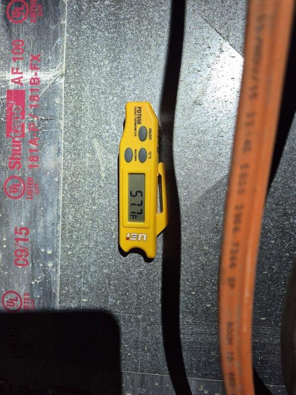 Responded to service call for system experiencing thermostat issues prior to scheduled preventive maintenance. Upon arrival, found Bryant Evolution Connex thermostat displaying 64°F actual temperature while ambient room temperature measured 78°F with calibrated digital thermometer, indicating significant temperature sensing discrepancy. Verified system operation and identified thermostat sensor malfunction preventing accurate temperature control and proper system cycling. Checked supply air temperature at air handler which measured 57.6°F, confirming cooling system operational capacity normal. Recommended thermostat replacement to restore proper system function before proceeding with preventive maintenance service.