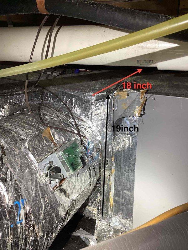 Responded to no cooling complaint on main floor. Upon arrival, verified thermostat set to cooling mode at 73°F with system calling for cooling but indoor temperature reading 73°F. Inspected attic-mounted air handler and ductwork system. Found approximately 18-19 inches of flex duct with compromised insulation and exposed backing material on supply trunk line. Identified control board wiring connections on duct-mounted component. System operational with thermostat communicating properly to equipment. Documented conditions with photos for customer records.