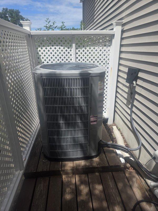 Completed preventive maintenance cooling visit on two-system HVAC installation. Serviced indoor air handler unit located in mechanical closet and outdoor condenser unit positioned on rear deck with lattice enclosure. Performed standard maintenance procedures including filter inspection, coil cleaning, refrigerant level verification, electrical connection checks, and operational testing on both systems. All equipment operating within normal parameters upon completion.