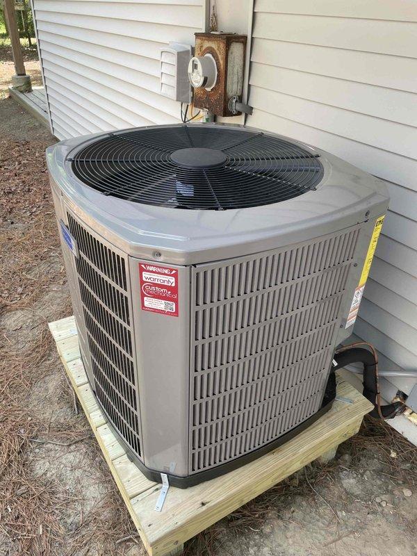 Completed full HVAC system replacement including removal and disposal of existing equipment. Installed 3-ton 5A6H4036 heat pump outdoor unit on existing stand with new whip and disconnect, 5TEM4B036 fan coil unit, BAYHTR1715BRKR 15KW electric heater with breaker, 1" filter rack, and S1200W WiFi thermostat. Flushed, pressure tested, and recharged refrigeration lines to manufacturer specifications. All equipment installed per code requirements and operational upon completion.