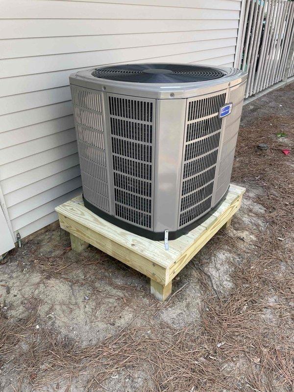 Completed full HVAC system replacement including removal and disposal of existing equipment. Installed 3-ton 5A6H4036 heat pump outdoor unit on existing stand with new whip and disconnect, 5TEM4B036 fan coil unit, BAYHTR1715BRKR 15KW electric heater with breaker, 1" filter rack, and S1200W WiFi thermostat. Flushed, pressure tested, and recharged refrigeration lines to manufacturer specifications. All equipment installed per code requirements and operational upon completion.