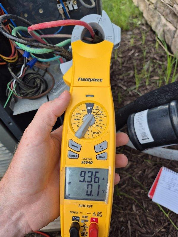 Completed routine cooling maintenance visit on two HVAC systems. Performed electrical diagnostics using clamp meter, measuring amperage draw at 9.36A to verify compressor performance and system efficiency. Verified thermostat operation showing 72°F indoor temperature with 46% humidity, system cooling properly with outdoor temperature at 73°F. Both systems operating within normal parameters with no issues identified.