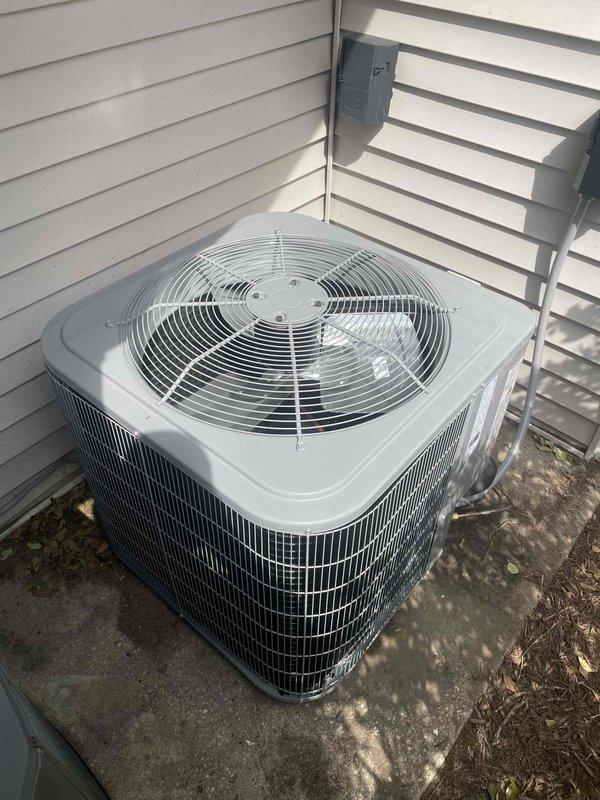 Removed and disposed of existing HVAC equipment. Installed new Carrier 27SCA536A003 3-ton 15 SEER heat pump condenser unit on existing concrete pad. Installed Carrier FJ5ANXB36L00 air handling unit with ECM motor and Carrier FF3101c15 15kw electric heat pack. Fabricated and installed metal duct transitions to adapt new equipment to existing ductwork. Replaced outdoor disconnect and electrical whip. Reused existing refrigerant lines, condensate drain, and thermostat. Verified proper system operation and airflow.