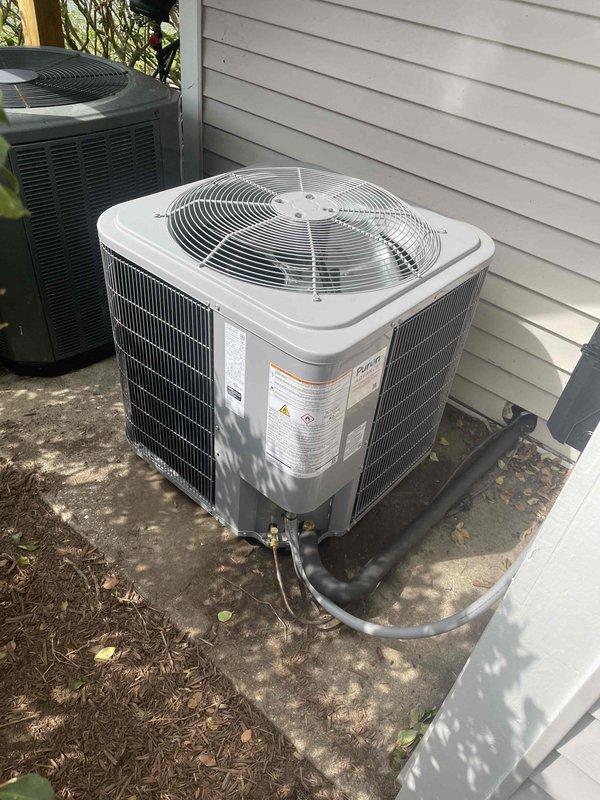 Removed and disposed of existing HVAC equipment. Installed new Carrier 27SCA536A003 3-ton 15 SEER heat pump condenser unit on existing concrete pad. Installed Carrier FJ5ANXB36L00 air handling unit with ECM motor and Carrier FF3101c15 15kw electric heat pack. Fabricated and installed metal duct transitions to adapt new equipment to existing ductwork. Replaced outdoor disconnect and electrical whip. Reused existing refrigerant lines, condensate drain, and thermostat. Verified proper system operation and airflow.
