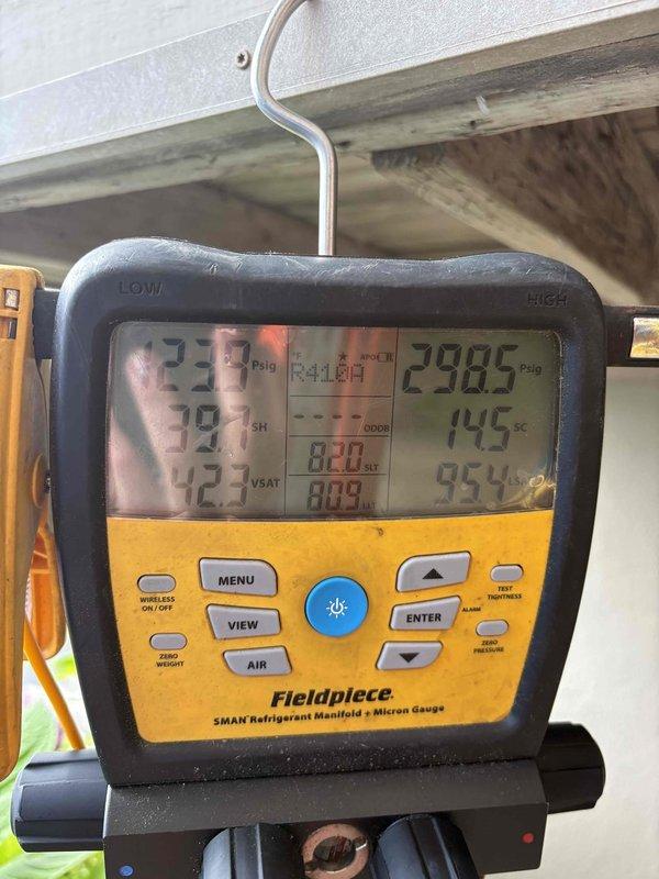 Responded to no cooling call on system serviced previous week. Upon arrival, found indoor temperature at 80°F with thermostat set to 70°F. Performed diagnostic testing using refrigerant manifold gauge set, which revealed abnormal pressure readings of 238.5 PSIG on high side at 145°F and significantly elevated superheat at 954%. Measured supply air temperature at 17.1°F at evaporator coil. Pressure and temperature readings indicated potential refrigerant flow restriction or system imbalance following previous repair work. Further diagnostics required to identify root cause of inadequate cooling performance and abnormal operating pressures.