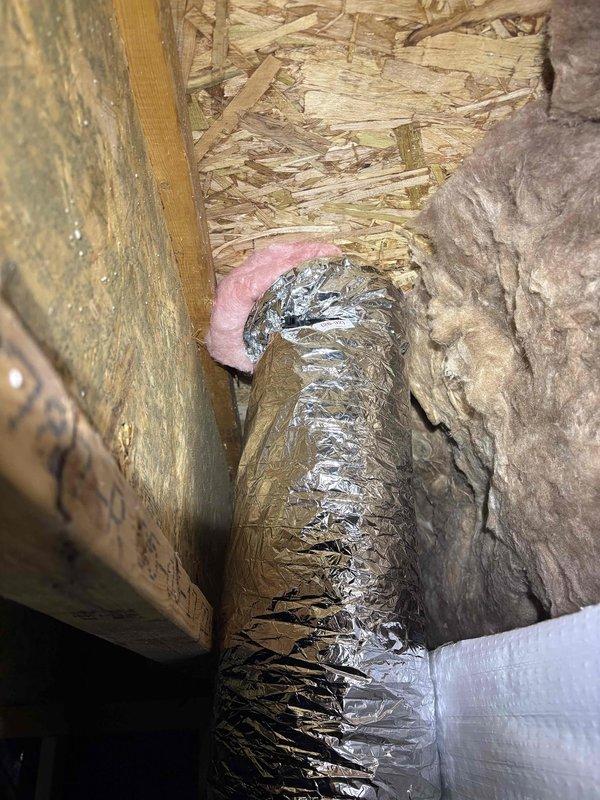 Installed new 4-inch flexible ductwork and 4-inch collar in attic space to restore proper HVAC airflow. Secured ductwork with appropriate hangers and ensured proper insulation around penetrations to maintain thermal efficiency and system performance.