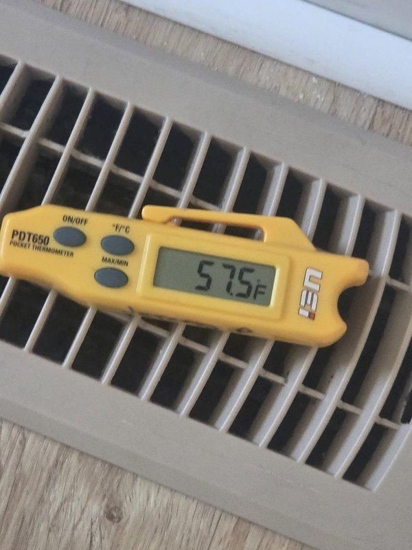 Responded to no cooling complaint on lower system. Performed diagnostic assessment and measured supply air temperature at floor register reading 57.5°F, indicating inadequate cooling performance. Inspected ductwork and insulation in crawlspace area. Customer was informed of findings and provided pricing options for necessary repairs.