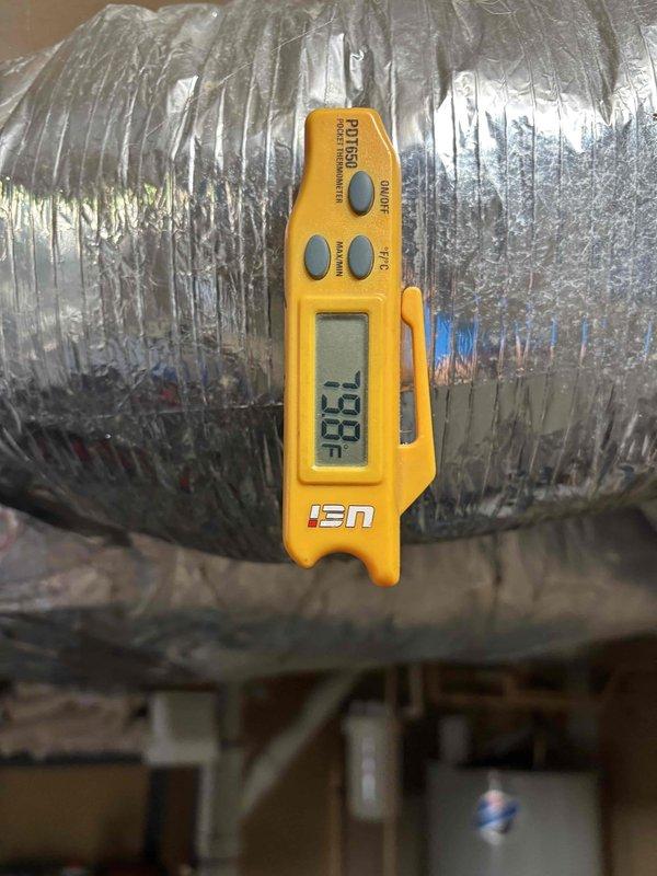 # HVAC Service Call - No Cooling Complaint

Responded to no cooling complaint at office location. Upon arrival, confirmed system was not producing adequate cooling. Performed diagnostic assessment of air conditioning system using digital thermometer to measure supply air temperatures at registers and ductwork. 

Measured supply air temperature at 83.1°F at the duct system, indicating insufficient cooling performance. Inspected flexible ductwork in attic space and verified supply register temperatures throughout conditioned space. System showed elevated discharge temperatures consistent with cooling deficiency.

Discussed diagnostic findings with office personnel and reviewed available service options to restore proper system operation. Explained repair procedures and pricing structure for recommended corrective actions. Customer acknowledged service fees and authorized diagnostic assessment. Documented temperature readings and system conditions with photographic evidence for service re