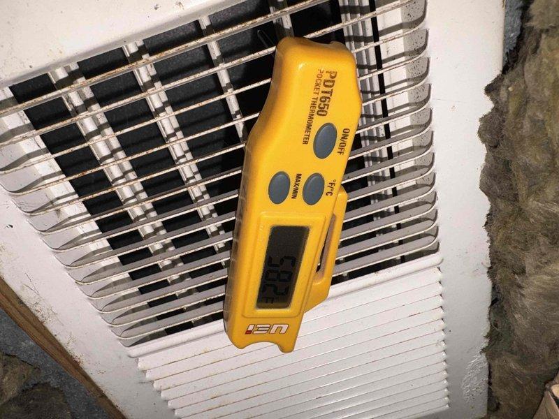 # HVAC Service Call - No Cooling Complaint

Responded to no cooling complaint at office location. Upon arrival, confirmed system was not producing adequate cooling. Performed diagnostic assessment of air conditioning system using digital thermometer to measure supply air temperatures at registers and ductwork. 

Measured supply air temperature at 83.1°F at the duct system, indicating insufficient cooling performance. Inspected flexible ductwork in attic space and verified supply register temperatures throughout conditioned space. System showed elevated discharge temperatures consistent with cooling deficiency.

Discussed diagnostic findings with office personnel and reviewed available service options to restore proper system operation. Explained repair procedures and pricing structure for recommended corrective actions. Customer acknowledged service fees and authorized diagnostic assessment. Documented temperature readings and system conditions with photographic evidence for service re