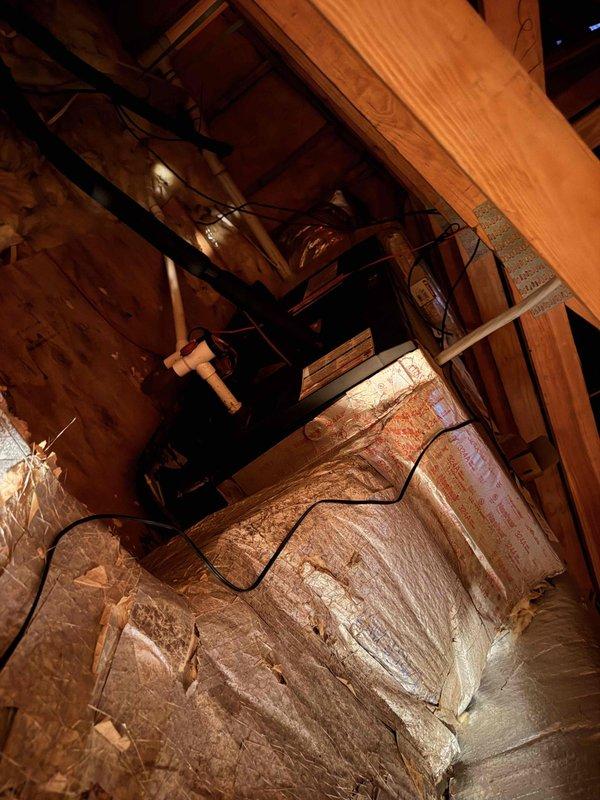 Conducted estimate for complete HVAC system replacement for main upstairs unit located in attic space accessible by ladder. Assessed existing air handler and ductwork in confined attic area with exposed framing. Evaluated system requirements for enhanced humidity control and mold prevention features due to occupant health sensitivities. Recommended equipment specifications focusing on moisture management capabilities and insulation materials that resist mold growth and moisture accumulation.