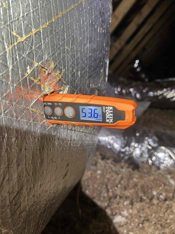 Responded to callback for continuing no-cool issue following previous service visit. Verified system operation and found supply air temperature at 53.6°F at ductwork, indicating inadequate cooling performance. Inspected control board and confirmed proper LED indicator status and circuit board functionality with all components intact. Issue requires further diagnosis as initial repair did not resolve cooling deficiency.