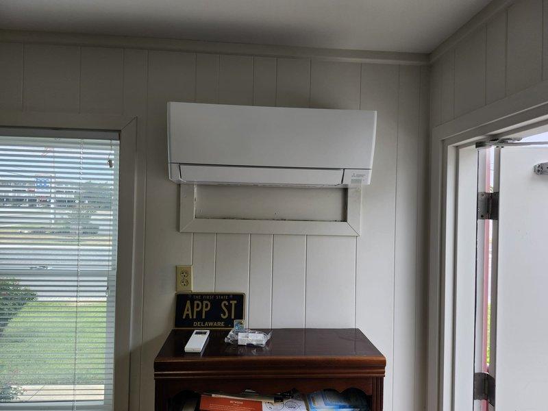Removed and disposed of existing HVAC equipment. Installed complete Mitsubishi multi-zone ductless heat pump system consisting of one MXZ-5D36NL outdoor unit, one MSZ-GX18NL indoor fan coil, and two MSZ-GX09NL indoor fan coils. Furnished and installed new communication wiring between indoor and outdoor units. Utilized existing refrigeration lines and condensate drainage system. Mounted outdoor unit on existing equipment stand and installed surge disconnect for electrical protection. All indoor wall-mounted units installed in designated rooms with proper clearances and secured to wall studs. System tested for proper operation including heating and cooling modes, refrigerant pressures, and airflow from all zones. Verified communication between outdoor unit and all three indoor fan coils functioning correctly. System left operational and customer instructed on basic thermostat functions and remote control operation.