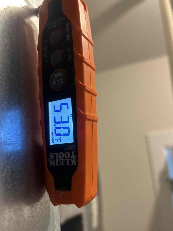Responded to morning service call from contract maintenance customer requesting estimated time of arrival. Performed preventive maintenance cooling visit on two HVAC systems as scheduled under recurring service agreement. Conducted temperature measurements using infrared thermometer on system components and ductwork, recording supply air temperature of 55.5°F and surface temperature readings of 57.0°F to verify proper cooling operation and system performance.