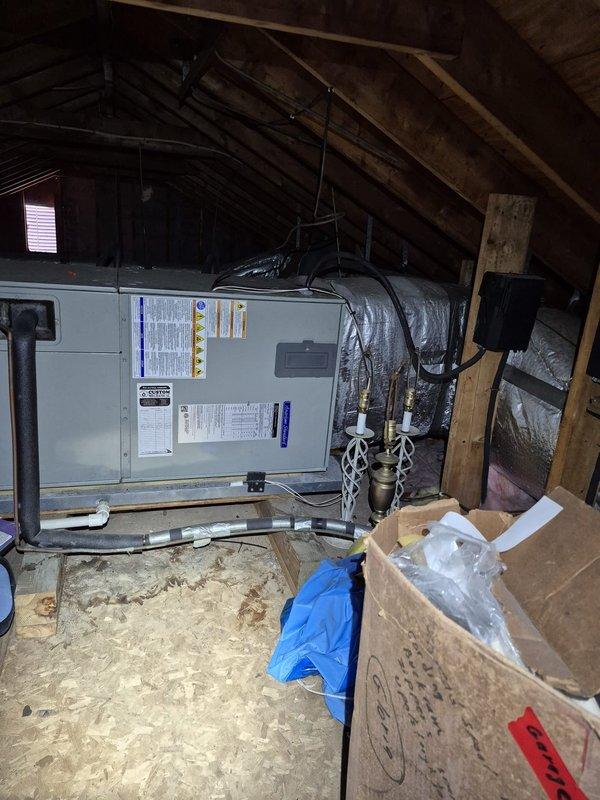 Responded to no cooling complaint with evaporator coil icing. Upon arrival, confirmed unit had been shut off with fan running to allow ice to melt per phone instructions. Inspected attic-mounted air handler and associated ductwork, documented equipment condition with photos. Provided replacement system estimate to customer as requested due to ongoing performance concerns.