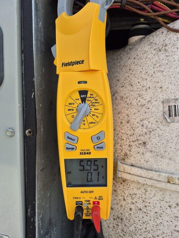 Completed scheduled cooling maintenance visit on residential HVAC system. Upon arrival, verified thermostat operation showing 76°F setpoint with system running in cooling mode. Performed electrical diagnostics using clamp meter at condensing unit, measuring compressor amperage at 5.95 amps with 0.1 amp reading on secondary circuit, confirming proper electrical operation within manufacturer specifications. System operating normally with no deficiencies noted.