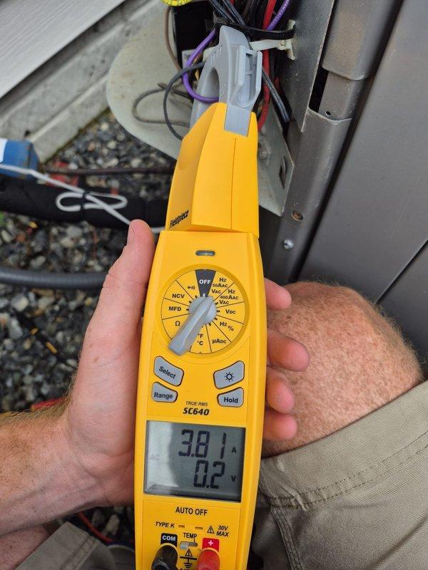 Completed preventive maintenance cooling visit on two HVAC systems. Verified thermostat operation showing system cooling to setpoint of 78°F in auto fan mode. Performed electrical diagnostics on rooftop unit, measuring amperage draw of 38.1A and voltage readings to confirm proper compressor and system operation within manufacturer specifications.