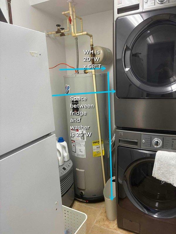 Responded to service call for low water pressure complaint. Upon inspection, evaluated residential water heater and associated plumbing connections in utility room. Assessed water heater installation, including inlet/outlet piping configuration, pressure relief valve, and copper supply lines. Documented existing water heater dimensions (20"W x 58"H) and clearance measurements for equipment accessibility. Identified plumbing system layout and photographed current installation for reference. Provided estimate for water heater replacement as requested by customer.