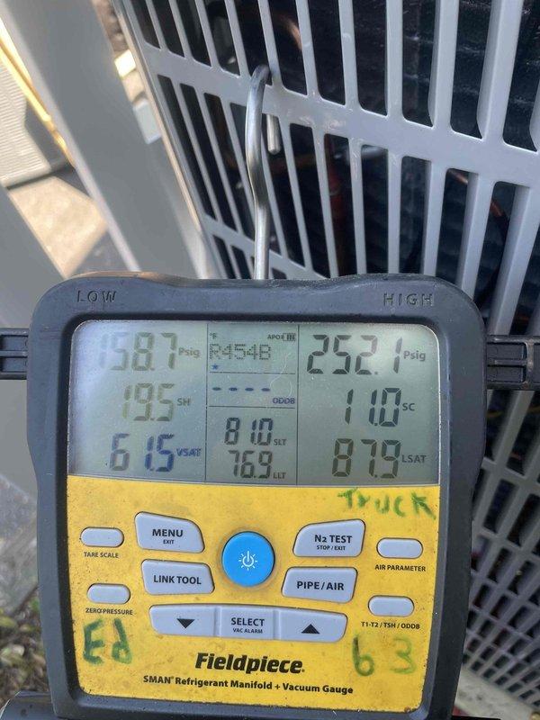 Completed full HVAC system replacement including removal and disposal of existing equipment. Installed 3-ton 17 SEER heat pump outdoor unit on platform with disconnect and whip, variable speed fan coil unit in drain pan with shutoff valve, 15KW electric heat strip with breaker, 1-inch filter rack, and WiFi thermostat. Flushed, pressure tested, and recharged refrigeration lines to manufacturer specifications with all readings within normal operating parameters.